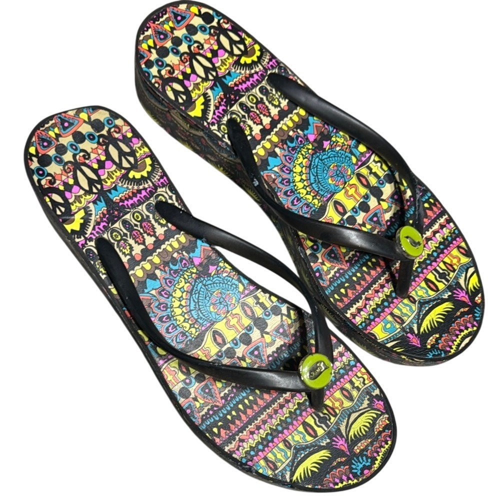 Sakroots Womens Platform Flip Flops Multicolor Peace Print Wedge Sandals